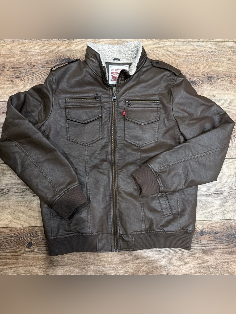 Levi's Brown Faux Leather Sherpa-Lined Bomber Jacket
